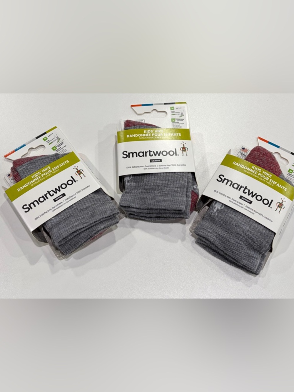 SmartWool Kids Medium Light Cushion Hiking Socks 3-Pack Crew Grey Red NWT